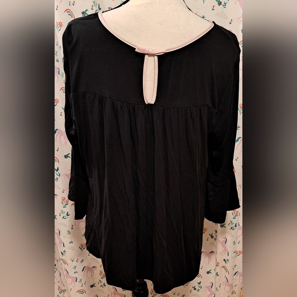 EUC Kate Spade Black Cotton Bell Sleeve Casual Lounge Pink Bow T-Shirt Top SZ M - Picture 2 of 6